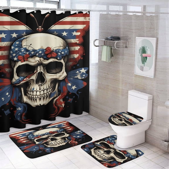 Colorful Flower Skull 4PCS Shower Curtain Sets with Rugs with Non-Slip Bath Mat Toilet Rug，72" X 72"