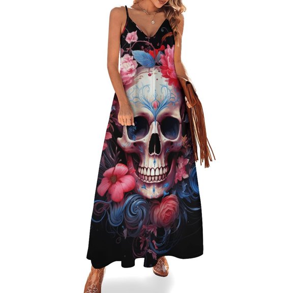 Colorful Flower Skull Design Sleeveless Dress Woman Fashion Long Dresses Women's Summer Suit Dress 2025