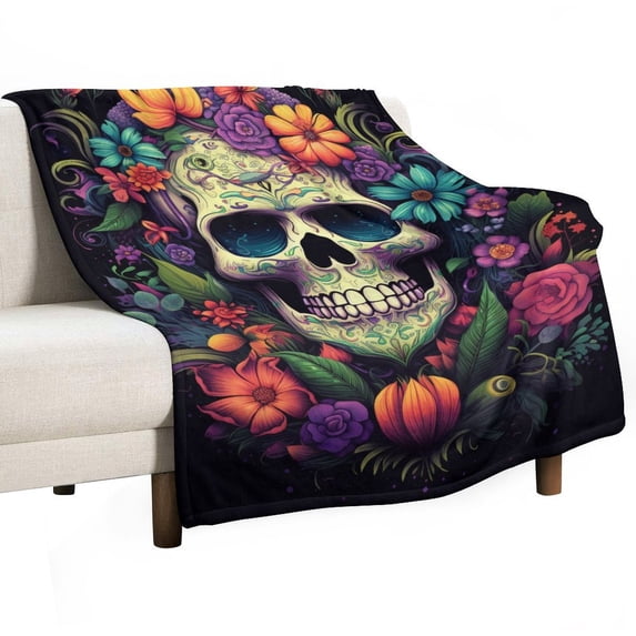 Colorful Flower Skull Flannel Blanket Lightweight Blanket for Couch Sofa Bed, Super Soft Cozy Print Warm Blanket