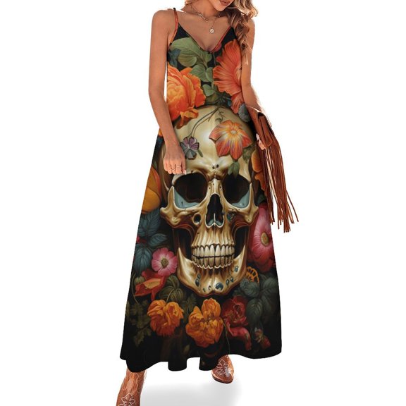 Colorful Flower Skull Sleeveless Dress for Women Clothing Female Women's Summer Skirt