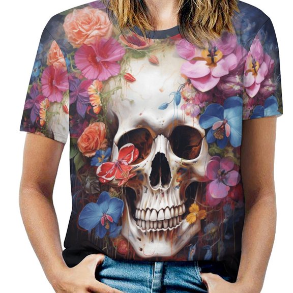 Colorful Flower Skull Women's Short Sleeve T-Shirt Crew Neck Casual Summer Trendy Loose Fit Tops