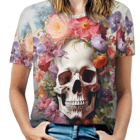 Colorful Flower Skull Women's Short Sleeve T-Shirt Crew Neck Casual Summer Trendy Loose Fit Tops