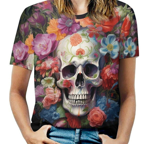 Colorful Flower Skull Women's Short Sleeve Tops Casual Blouses T Shirt