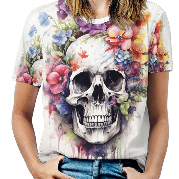 Colorful Flower Skull Women's T-Shirt Short Sleeve T Shirts Tops Tee Ladies Loose T