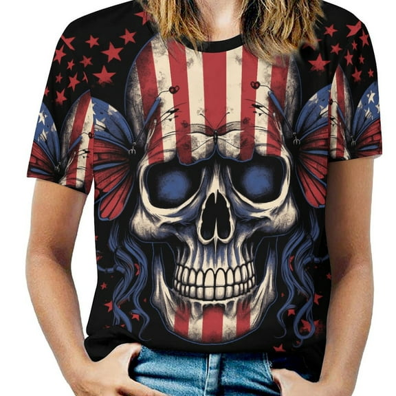 Colorful Flower Skull Women's T-Shirt Short Sleeve T Shirts Tops Tee Ladies Loose T