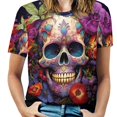 thumbnail image 1 of Colorful Flower Skull Womens Tops Women's Fashion Casual Short Sleeve Flower Print Round Neck Pullover Top Blouse, 1 of 6