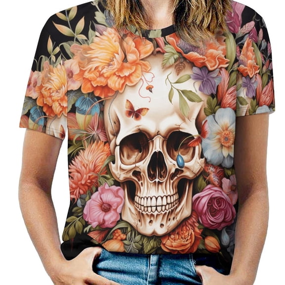Colorful Flower Skull Womens Tops Women's Fashion Casual Short Sleeve Flower Print Round Neck Pullover Top Blouse