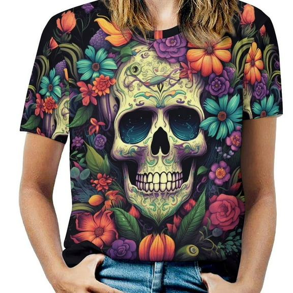 Colorful Flower Skull Womens Tops Women's Fashion Casual Short Sleeve Flower Print Round Neck Pullover Top Blouse