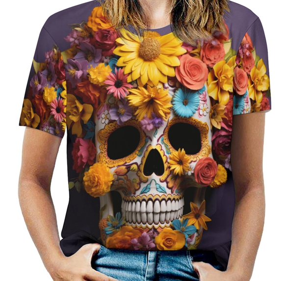 Colorful Flower Skull Womens Tops Women's Fashion Casual Short Sleeve Flower Print Round Neck Pullover Top Blouse