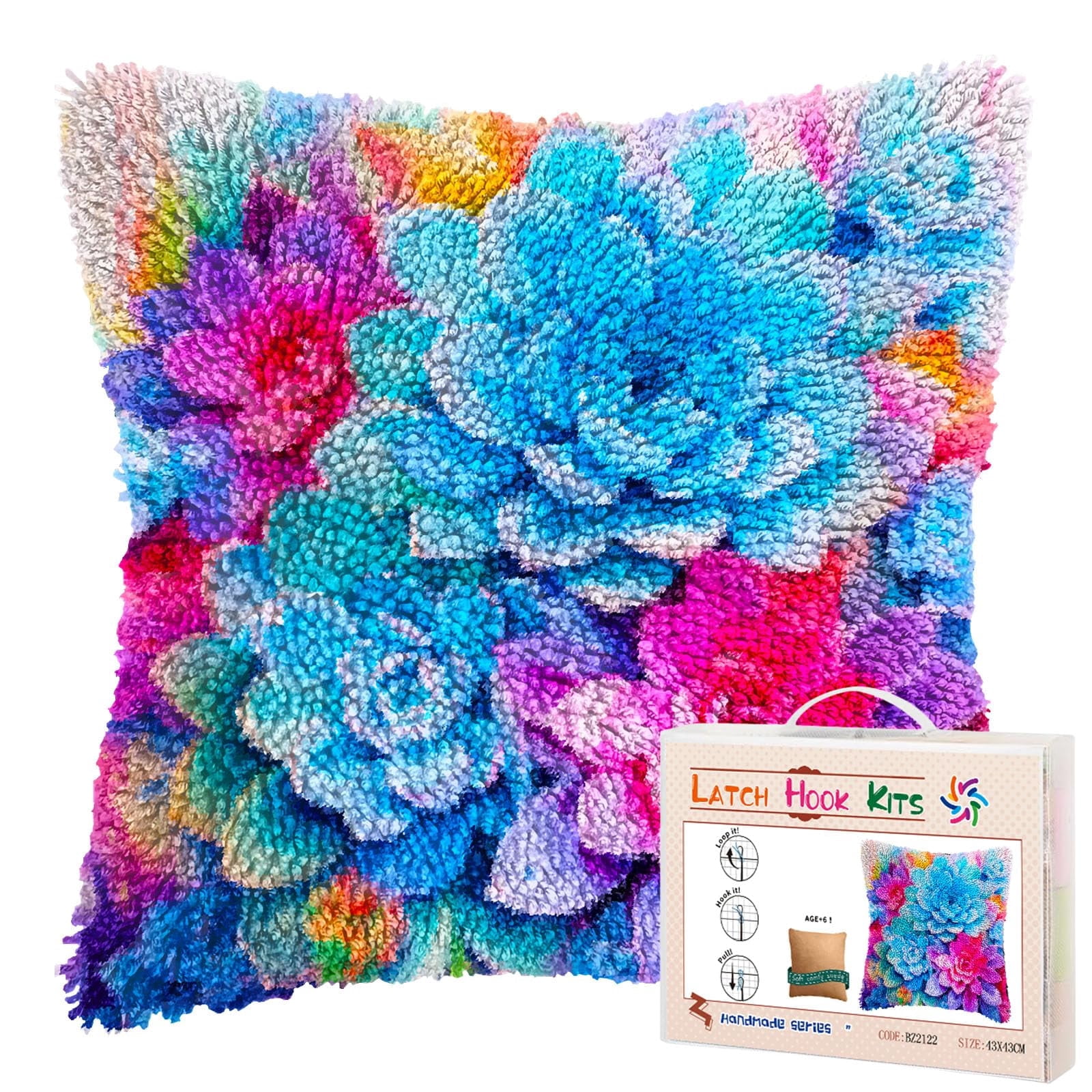 Colorful Flower Succulent Plants DIY Latch Hook Pillow Kits for Adults Printed Pillowcase Crochet Yarns Hooking Handmade Pillow Cover Cushion for Home Sofa Decoration 17x17inch(1)