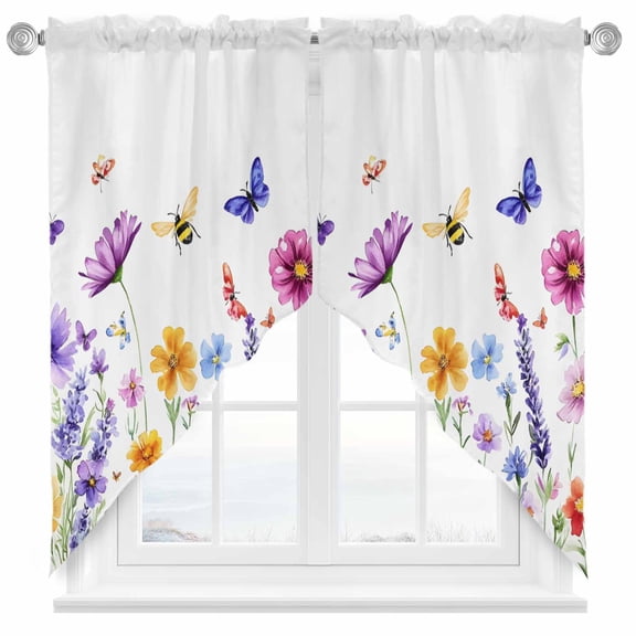 Colorful Flower Swag Valances for Windows 2 Pack Wildflower Butterfly Purple Blue Pink Plant Swag Kitchen Curtains 36 Inches Long Rod Pocket Short Window Treatment for Kitchen Bathroom 36"x36"