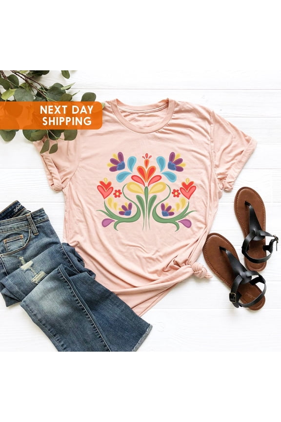 Colorful Flower T-Shirt for Women, Floral Mexican Otomi Style, Vintage Flower Shirt, Mexican Shirt, Mexican Shirt Women, Mom Tshirt All Size S-5XL
