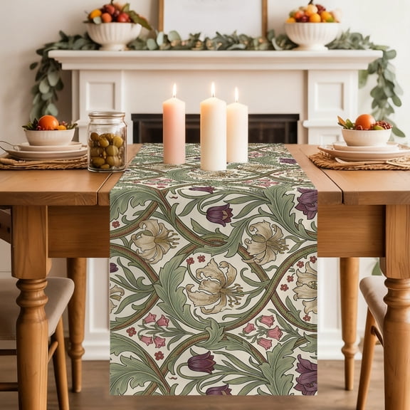 Colorful Flower Table Runner, William Morris Abstract Boho Plant Floral Green Herbs Washable Cotton-linen Table Runners Dining Kitchen Decoration for Everyday Home Wedding Party Decor, 13 x 48 Inch
