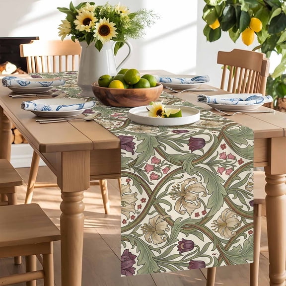 Colorful Flower Table Runner, William Morris Abstract Boho Plant Floral Green Herbs Washable Kitchen Table Runners Dress Scarves for Dining Table Decorations Party/Restaurant, 13x36in