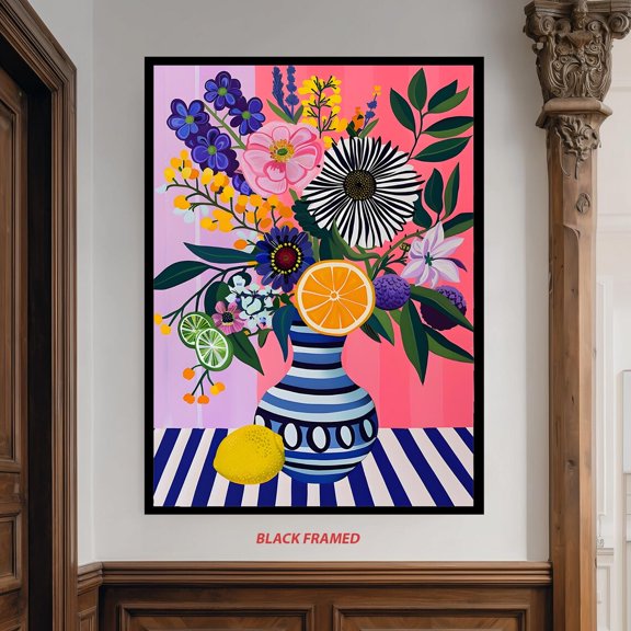 Colorful Flower Vase Art, Citrus Fruit Print, Maximalist Kitchen Decor, Pink and Blue Eclectic Wall Art, Lemon , Summer, Stretched Canvas 12x16in