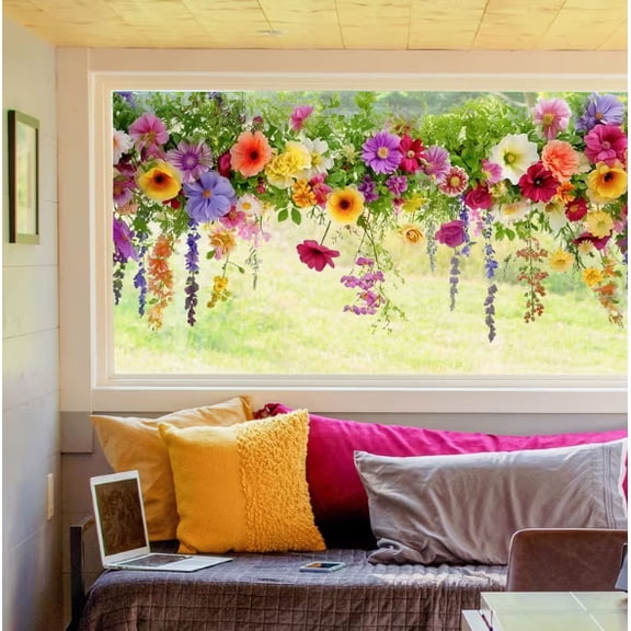 Colorful Flower Vine Static Stickers for Home Decor - 2D Flat Painted Window Stickers for Bedroom and Living Room