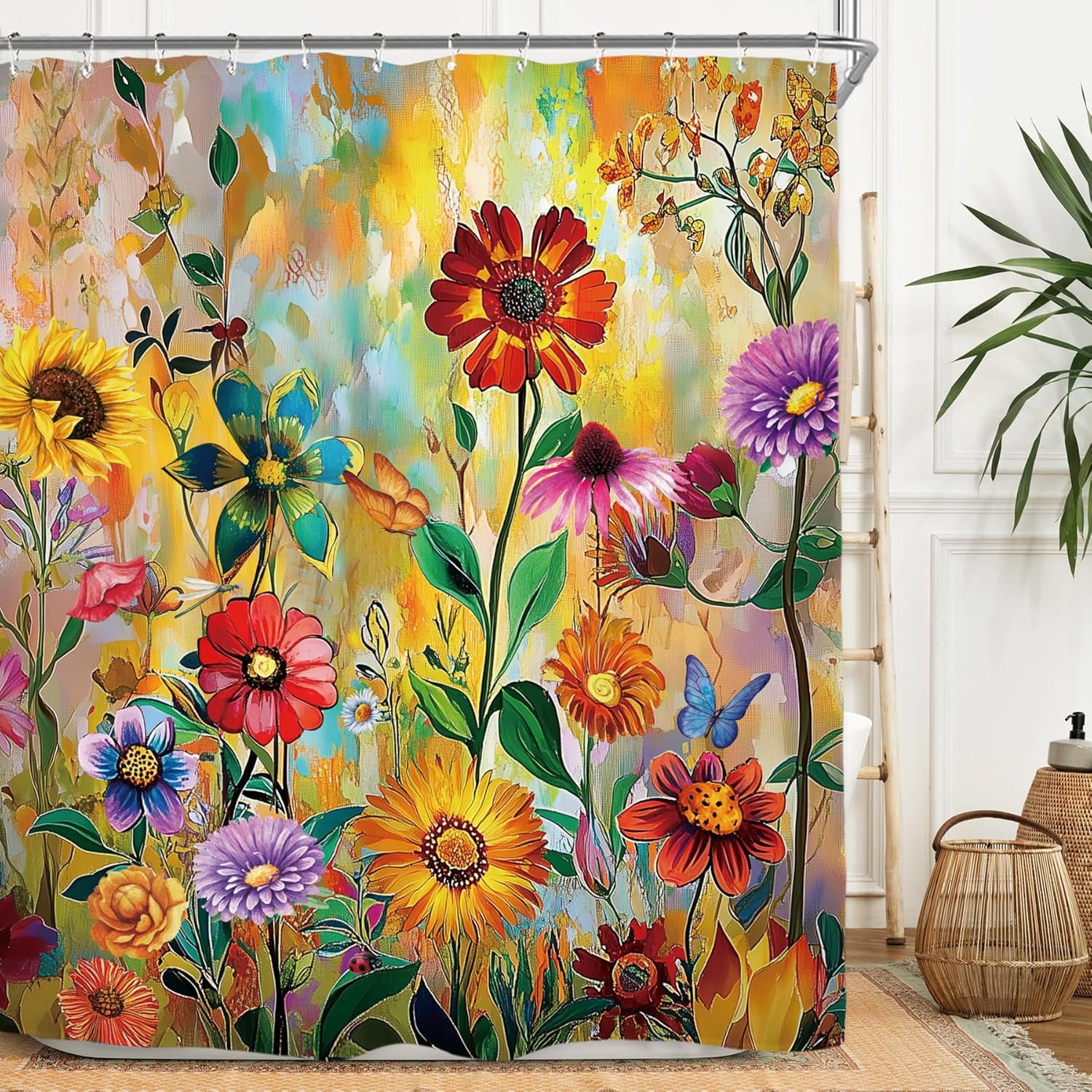 Colorful Flower Vintage Shower Curtain Set Art Oil Painting Retro Botanical Polyester Waterproof Cloth Bathroom Curtain with Hooks-72"W x 74"L (Pack of 1)