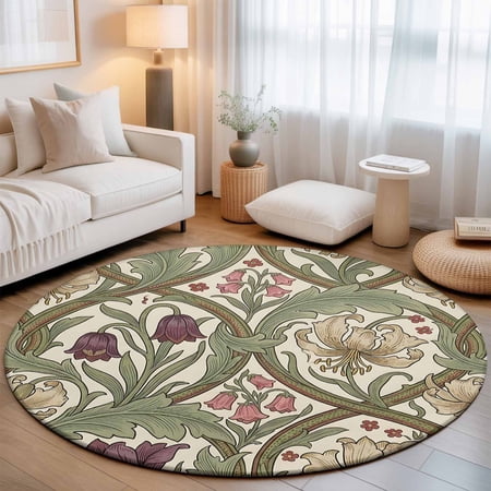 Colorful Flower Washable Round Area Rug 8 ft, William Morris Abstract Boho Plant Floral Green Herbs, Soft Non Slip Rugs Stain Repellent Indoor Felt Carpet for Living Dining Room Bedroom Home Office