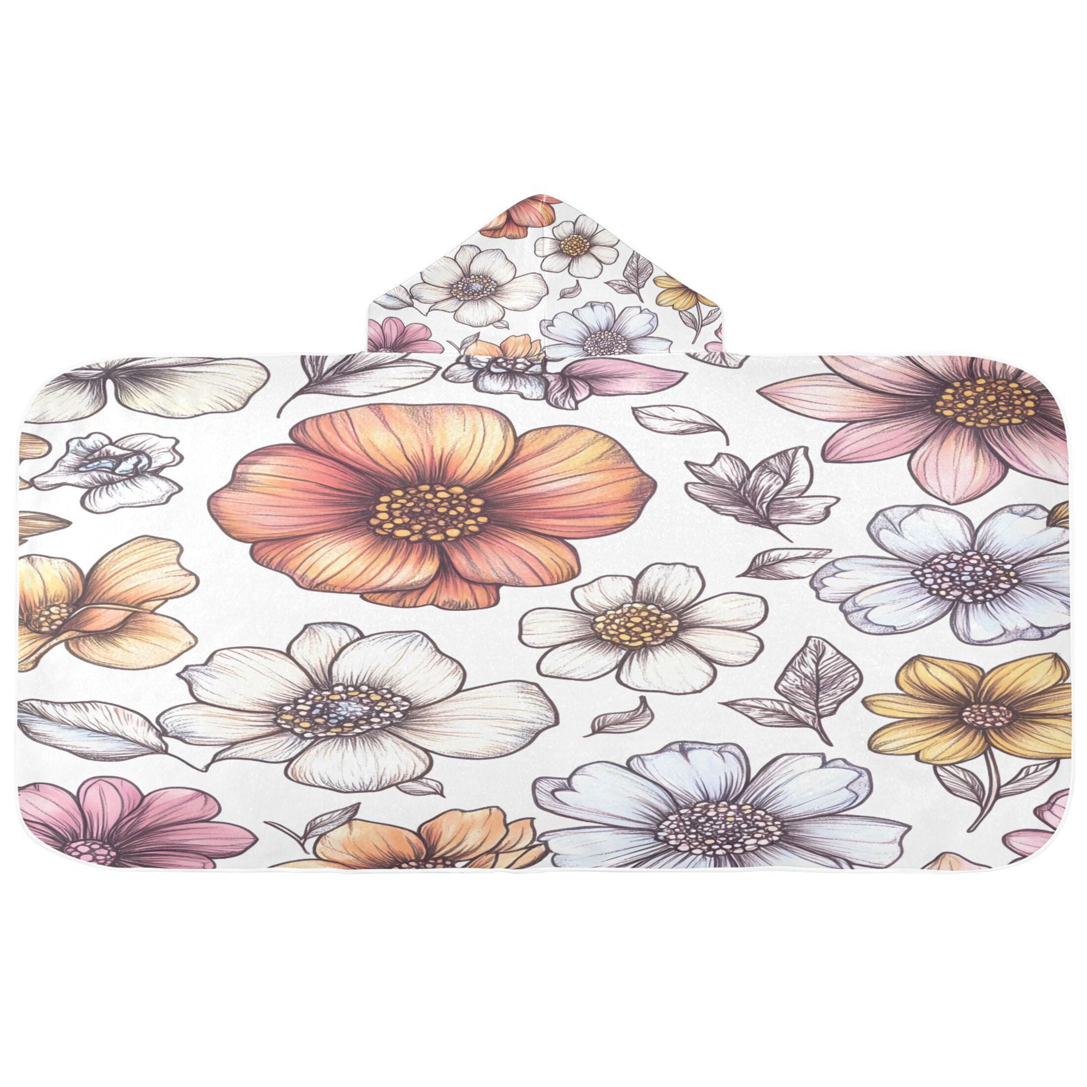 Colorful Flowers 50x23.5" Baby Hooded Bath Towel Poncho, Quick-Dry and Triangle Pocket, Kids' Essential