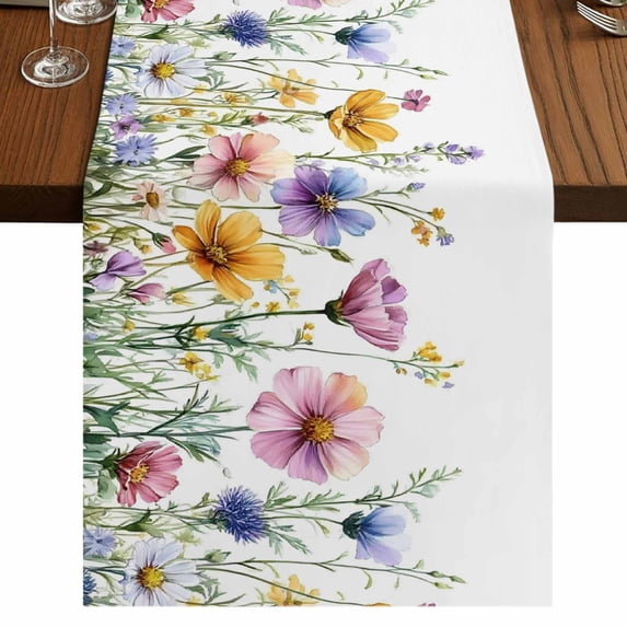 Colorful Flowers 70 Inch Table Runner, Watercolor Spring Botanical Floral Farmhouse Dresser Scarf Cotton & Linen Tablerunner for Dining/Kitchen Island/Holiday Party Décor 13" x 70"