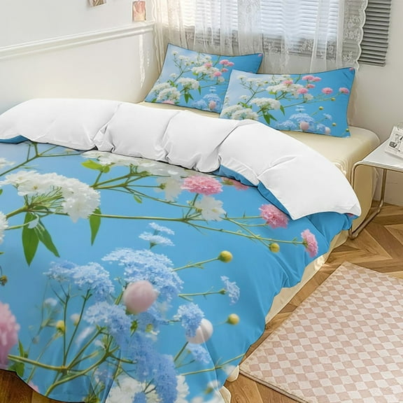 Colorful Flowers Against Blue Sky Duvet Cover Set Bedding Set Polyester Quilt Cover for Bedroom Decoration