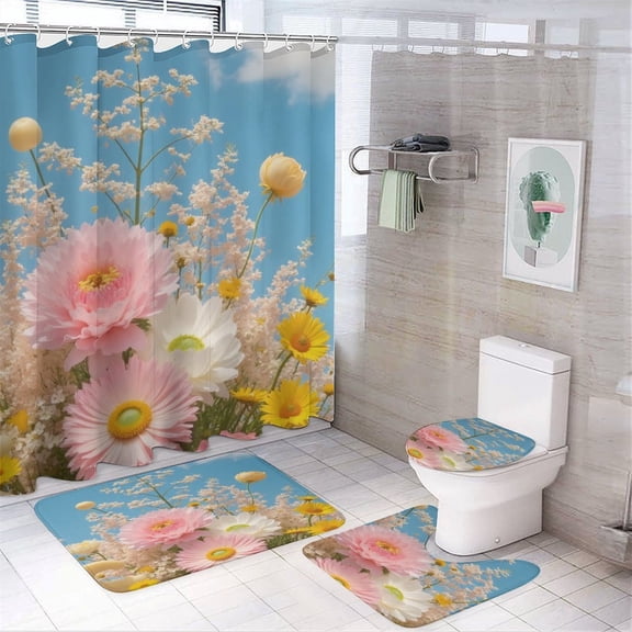 Colorful Flowers Against Blue Sky Shower Curtain Bathroom Sets Toilet Lid Rug, Bath Mat And Contour Mat, Shower Curtain 4Pcs