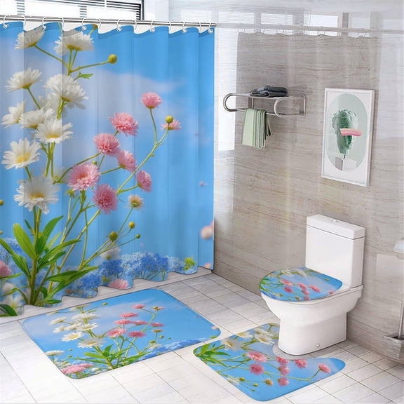 Colorful Flowers Against Blue Sky Shower Curtain Sets Non-Slip Rugs Bath Mat Toilet Cover U Shaped Mat 4 Pcs