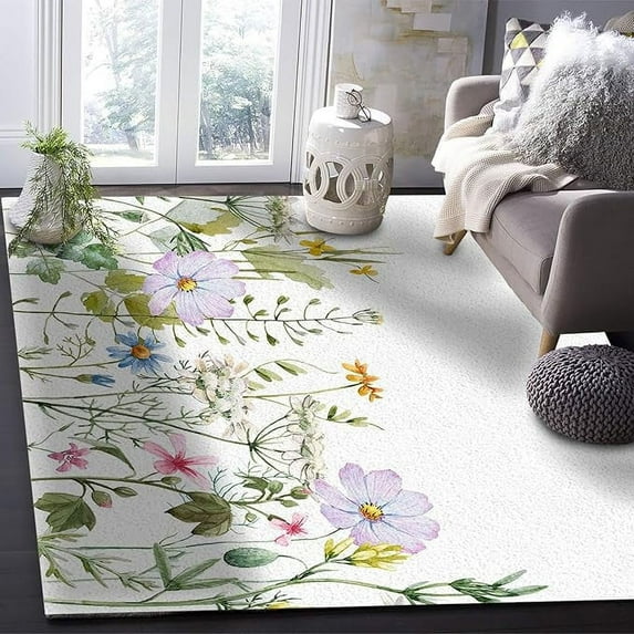 Colorful Flowers Area Rug, Spring Floral Wild Plant Decorative Rug, Comfortable Soft Breathable With Non-Slip Backing Carpet For Living Room Bedroom Dining Room 3 x 5ft