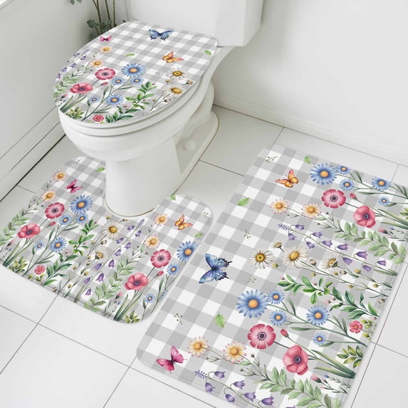 Colorful Flowers Bathroom Rugs Set Vintage Spring Pink Blue White Floral Butterfly Grey Plaid Non Slip Absorbent Bath Mats 3 Piece Set, U-Shaped Floor Mat, Toilet Seat Cover Large Size