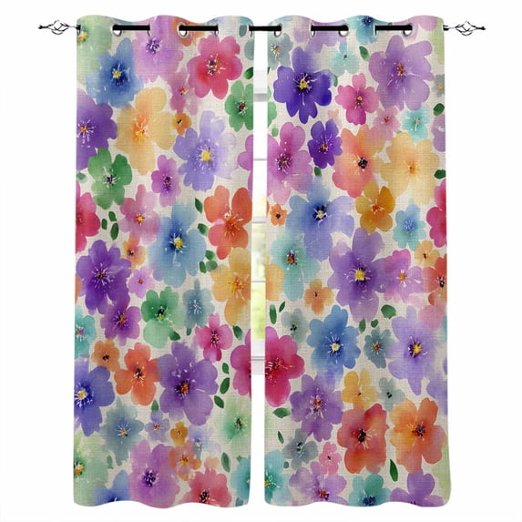 Colorful Flowers Blackout Curtains for Bedroom Living Room Darkening Curtains 96 Inches Long Spring Farmhouse Watercolor Floral Beige Window Curtain 2 Panels Set Window Treatment Drapes 52"x96"
