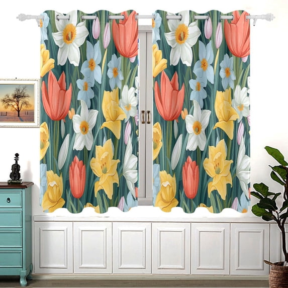 Colorful Flowers Blackout Curtains for Living Room Bedroom 55W x 54L Insulated Window Drapes 2 Panels