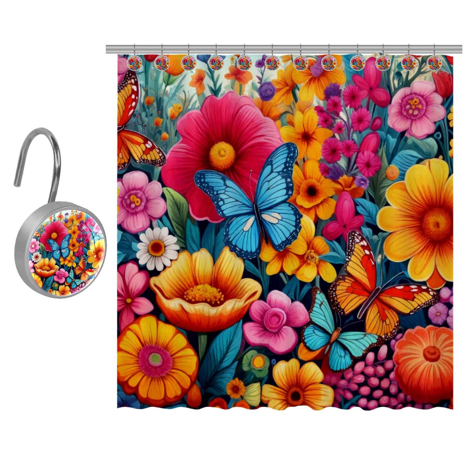 Colorful Flowers Butterflies Shower Curtain with 10 Hooks, Waterproof