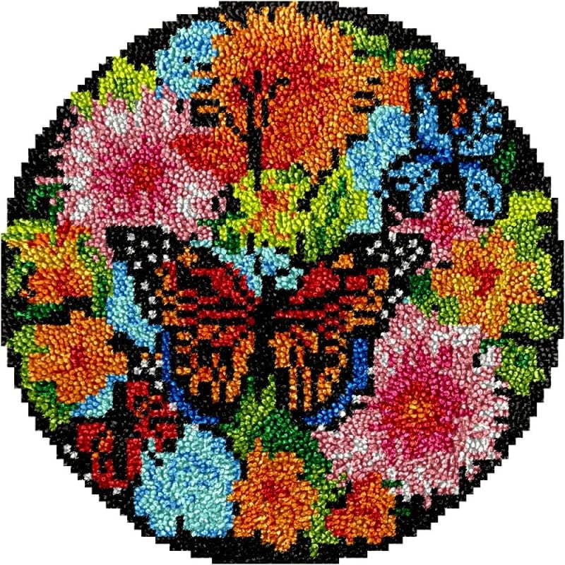 Colorful Flowers and Butterfly Round Shape Latch Hook Rug Kits Set for Starter Crochet Hook Cushion Mat Sofa Seat Cushion Crocheting Kits with Preprinted Canvas Crochet Yarn Kits 50X50cm (ui5)