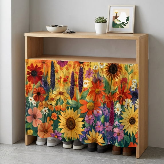 Colorful Flowers Cabinet Curtain 35"Wx35"L, Dustproof Under Sink Skirt with Self Adhesive Tape, Farmhouse Sunflower Daisy Cabinet Curtain Cover for Kitchen Sink, Bathroom Vanity, Laundry Room