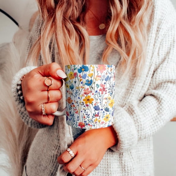 Colorful Flowers Coffee Mug, Beautiful Floral Pattern Ceramic Mug, Pretty Wildflowers Teacup, Vintage Botanil Cup, Gift Mom.