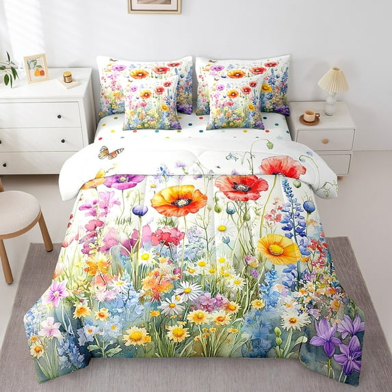 Colorful Flowers Comforter Set 7 Piece Bed in a Bag Twin,Jungle Plant Sheet Set with Comforter Boho Floral Bedding Sets,Botanical Leaves Bed Set Country Butterfly Rustic Home Decor