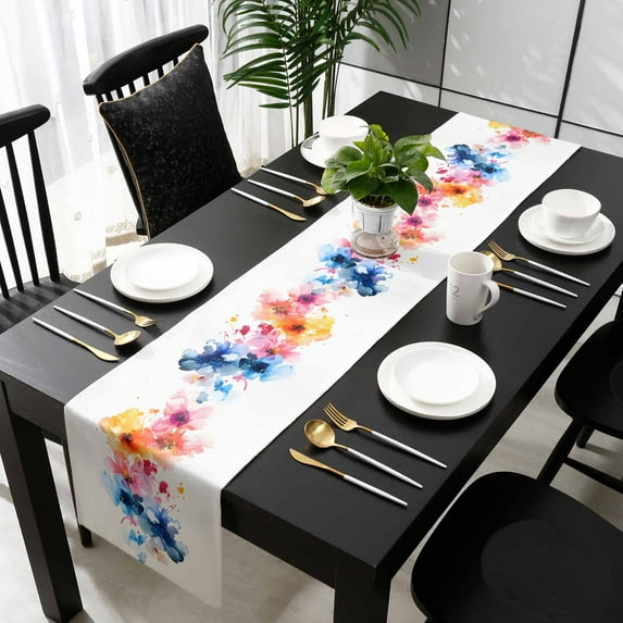 Colorful Flowers Cotton Linen Table Runner 13 x 90 inch Modern Abstract Art Oil Painting Floral Non-slip Rectangular Dining Table Decor for Wedding Party Holiday Dinner
