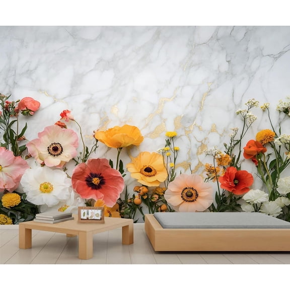 Colorful Flowers Custom Wallpaper Abstract White Marble Wall Murals Living Room Bedroom Background Luxury Gold Foil Art 3D Wall Mural Home Decor 110"W x 79"H (Not Peel and Stick)