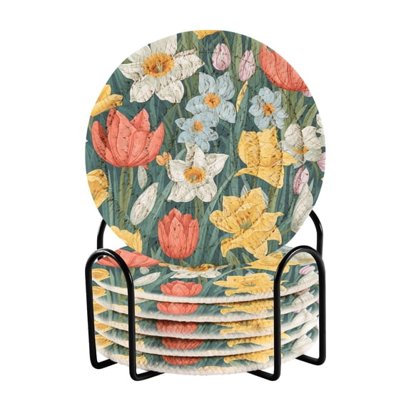 Colorful Flowers Drink Coasters with Holder Absorbent Coaster for Coffee Table Room Decor 6 Pack