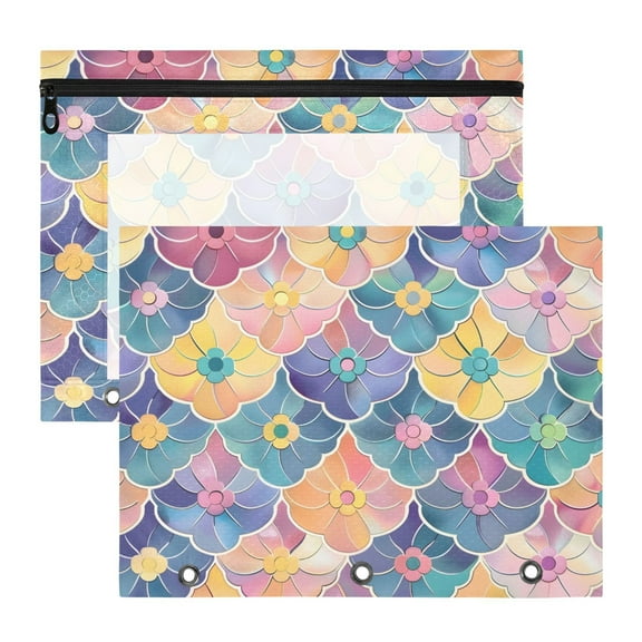 Colorful Flowers Flat Pattern 3-Ring Binder Pouches A4 Size Zipper Pocket File Storage 2 Packs