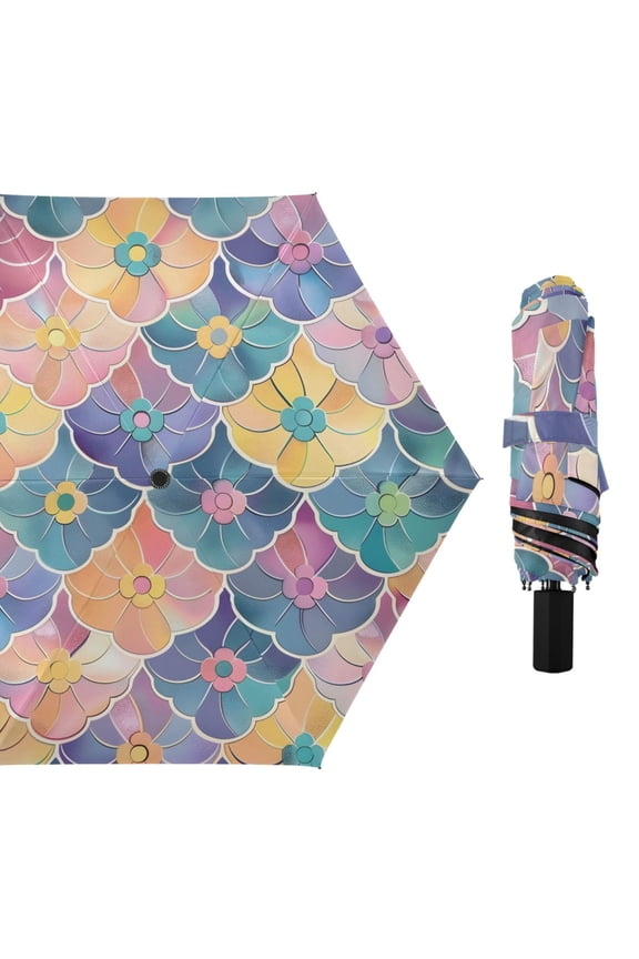 Colorful Flowers Flat Pattern All Weather Umbrella Triple Folding Parasol 6 Ribs UV Protection Portable