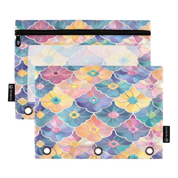 Colorful Flowers Flat Pattern Binder Pouches Zipper Pocket Document Storage 3 Rings 2 Packs A5 Size
