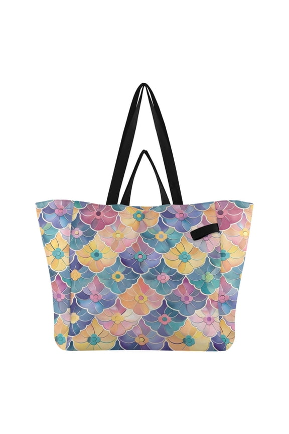 Colorful Flowers Flat Pattern Foldable Canvas Tote Bags Reusable Grocery Bags Laundry Bags Beach Bag 32L