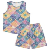 Colorful Flowers Flat Pattern Pajamas Set Sleeveless Sleepwear Tank ...