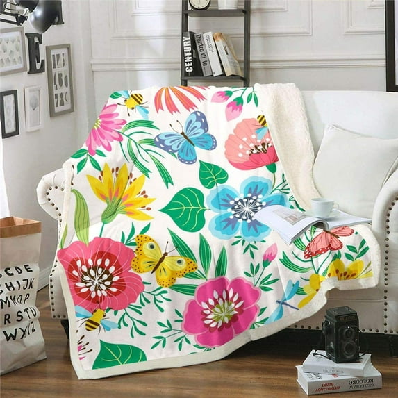 Colorful Flowers Fleece Throw Blanket Botanical Floral Printed Plush Blanket for Sofa Couch Bed Butterflies Dragonflies Bees Sherpa Blanket s Animal Fuzzy Blanket Room Decor Twin 60x80 Inch