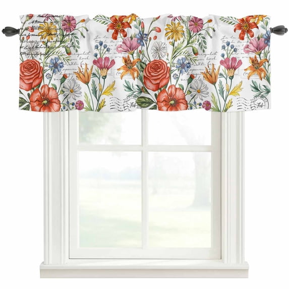 Colorful Flowers Floral Window Valance Curtain Branch Leaves Retro Spring Rod Pocket Short Curtain for Living Room, Bedroom & Kitchen Window Decor 42x12in