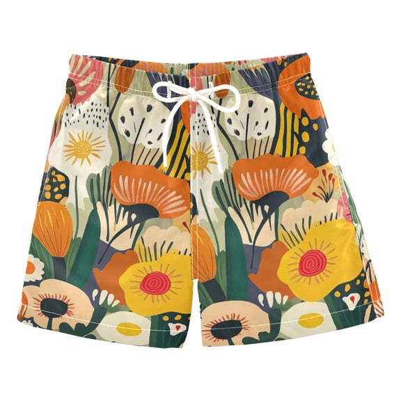 Colorful Flowers Hand Painted Boys Swim Trunks Quick Dry Boy Swim Shorts for 3-14 Years