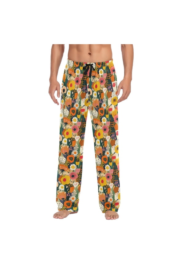Colorful Flowers Hand Painted Mens Pajama Pant Sleep and Lounge Bottons with Pockets