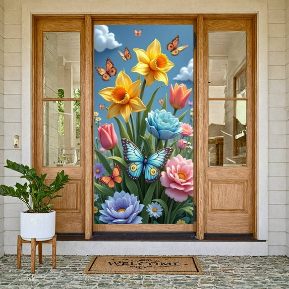 Colorful Flowers Hummingbird Banner Butterfly Accent Floral Backdrop Spring Vibrant Petals Garden Display for Garden Party Spring Decoration Wedding Backdrop