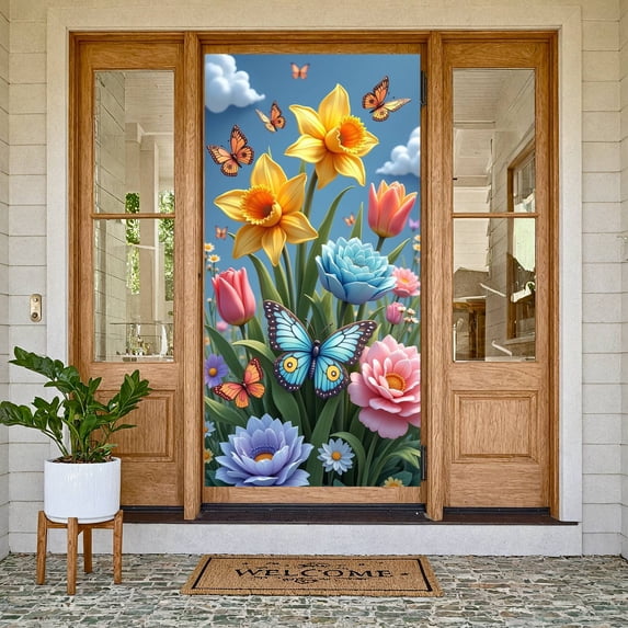 Colorful Flowers Hummingbird Banner Butterfly Accent Floral Backdrop Spring Vibrant Petals Garden Display for Garden Party Spring Decoration Wedding Backdrop